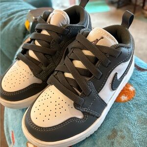 Kids White and Dark Gray Nike Jordans